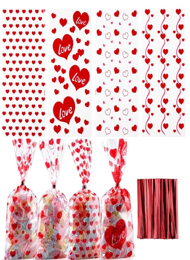 Yoption 160PCS Valentines Heart Clear Cellophane Treat Bags with Twist Ties, Wedding Party Favor Bags for Candies Cookie Chocolate Snack - Image 1